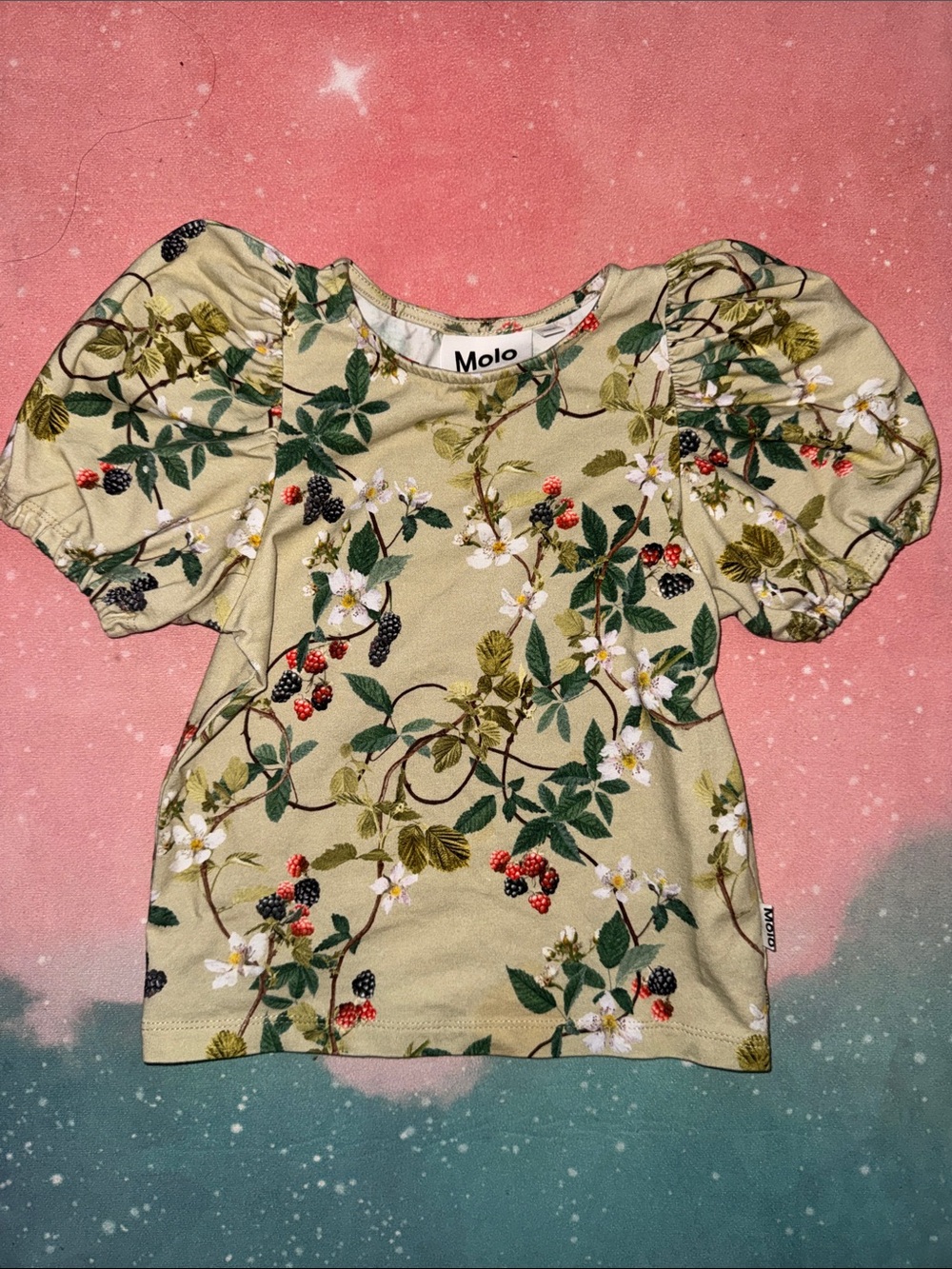 Molo Olive Green Floral & Berry Puff-Sleeve Tee girls 4